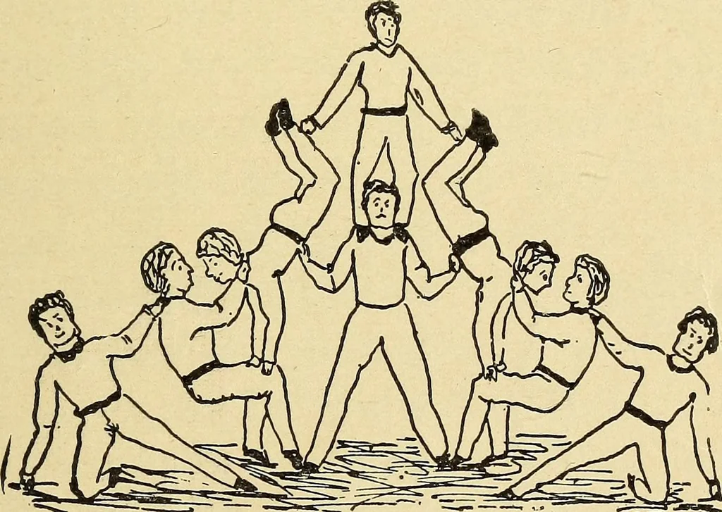 An illustration from How to, a book of tumbling, tricks, pyramids and games;, 1899, leaf 116