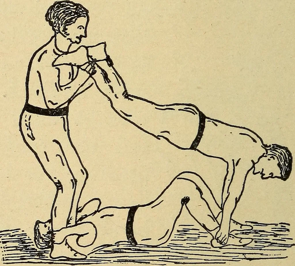 An illustration from How to, a book of tumbling, tricks, pyramids and games;, 1899, leaf 131