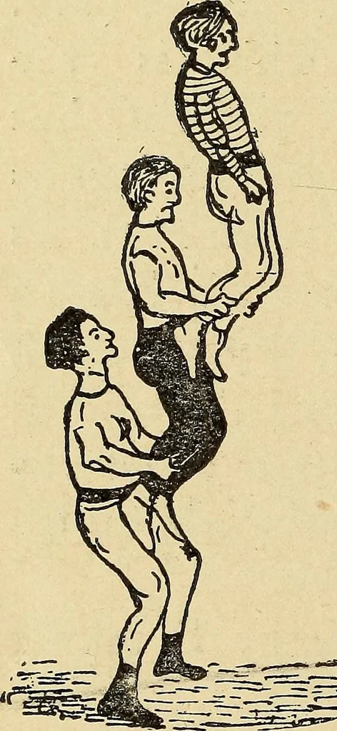 An illustration from How to, a book of tumbling, tricks, pyramids and games;, 1899, leaf 133
