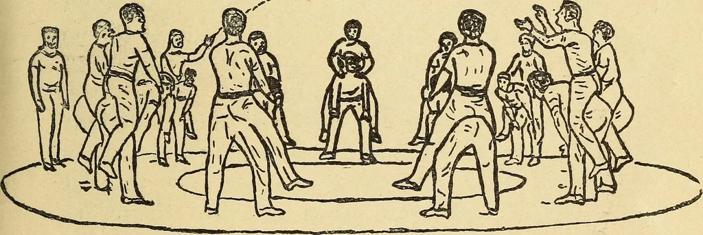 An illustration from How to, a book of tumbling, tricks, pyramids and games;, 1899, leaf 134