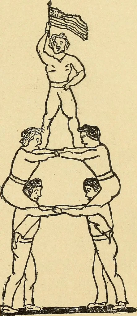 An illustration from How to, a book of tumbling, tricks, pyramids and games;, 1899, leaf 142