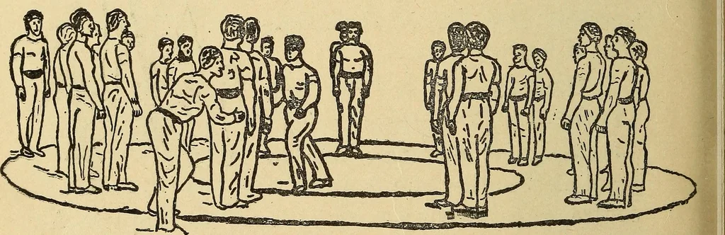 An illustration from How to, a book of tumbling, tricks, pyramids and games;, 1899, leaf 149