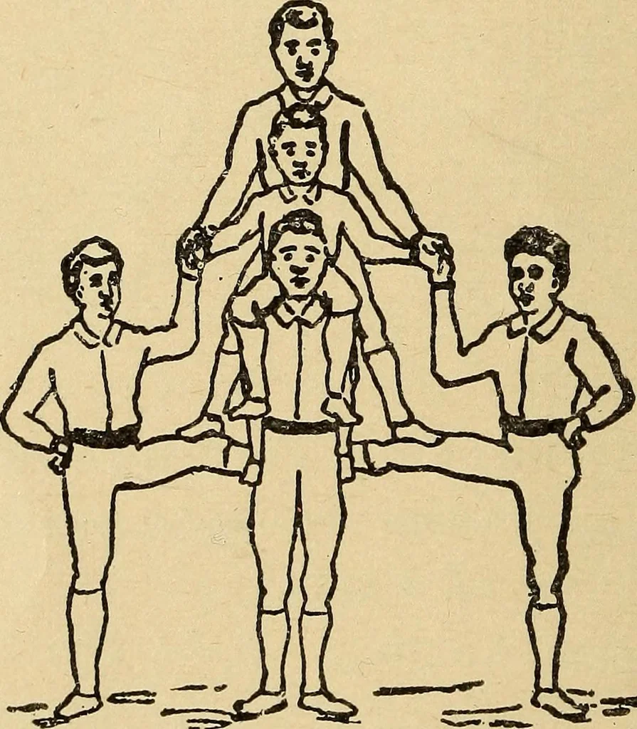 An illustration from How to, a book of tumbling, tricks, pyramids and games;, 1899, leaf 15