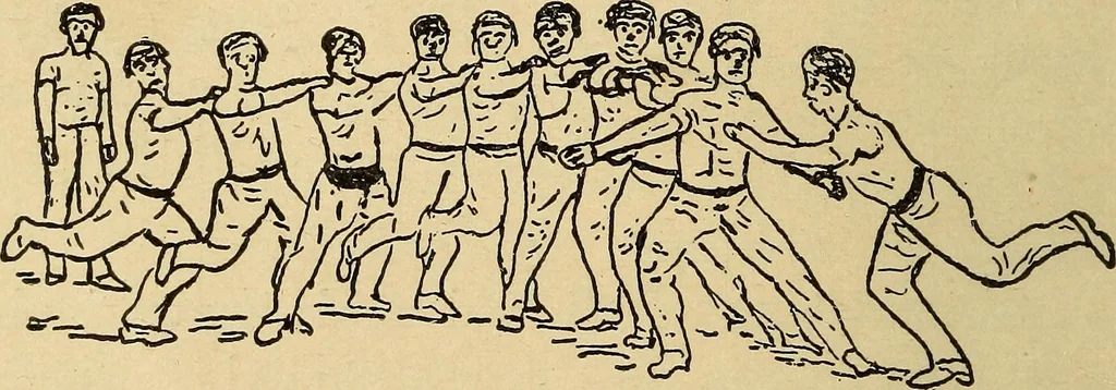 An illustration from How to, a book of tumbling, tricks, pyramids and games;, 1899, leaf 21