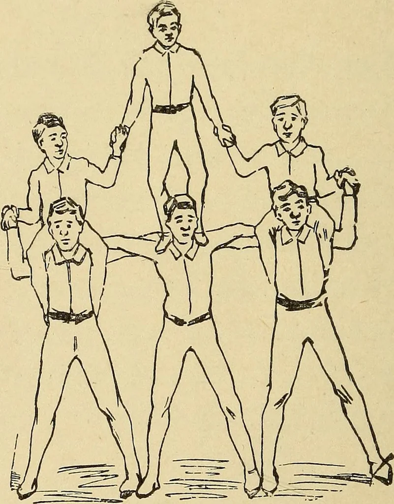 An illustration from How to, a book of tumbling, tricks, pyramids and games;, 1899, leaf 49