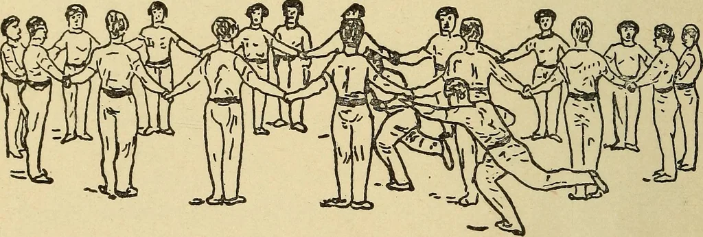 An illustration from How to, a book of tumbling, tricks, pyramids and games;, 1899, leaf 55