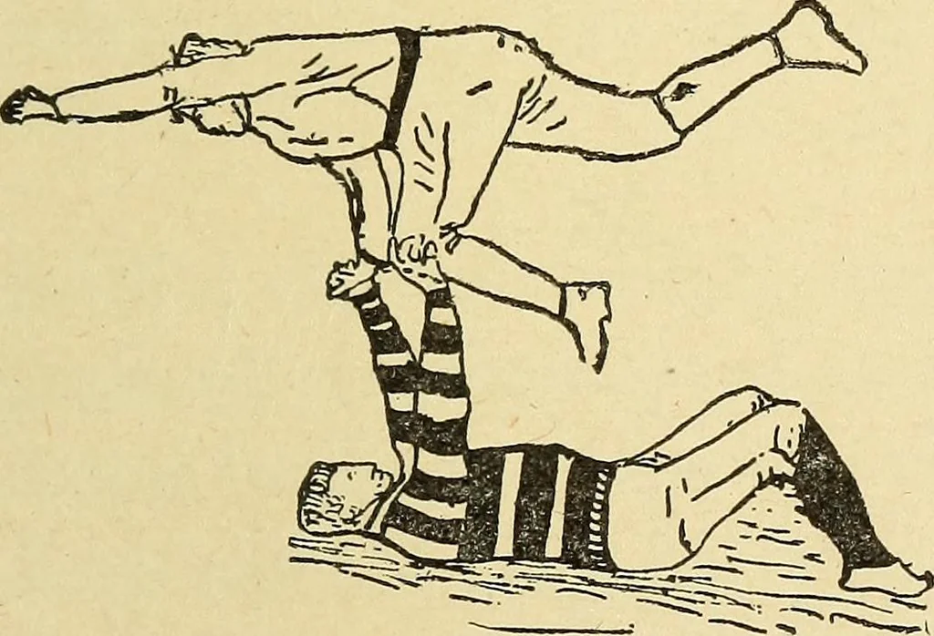 An illustration from How to, a book of tumbling, tricks, pyramids and games;, 1899, leaf 58