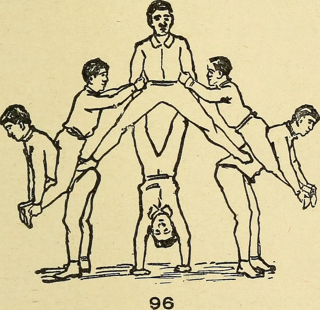 An illustration from How to, a book of tumbling, tricks, pyramids and games;, 1899, leaf 64