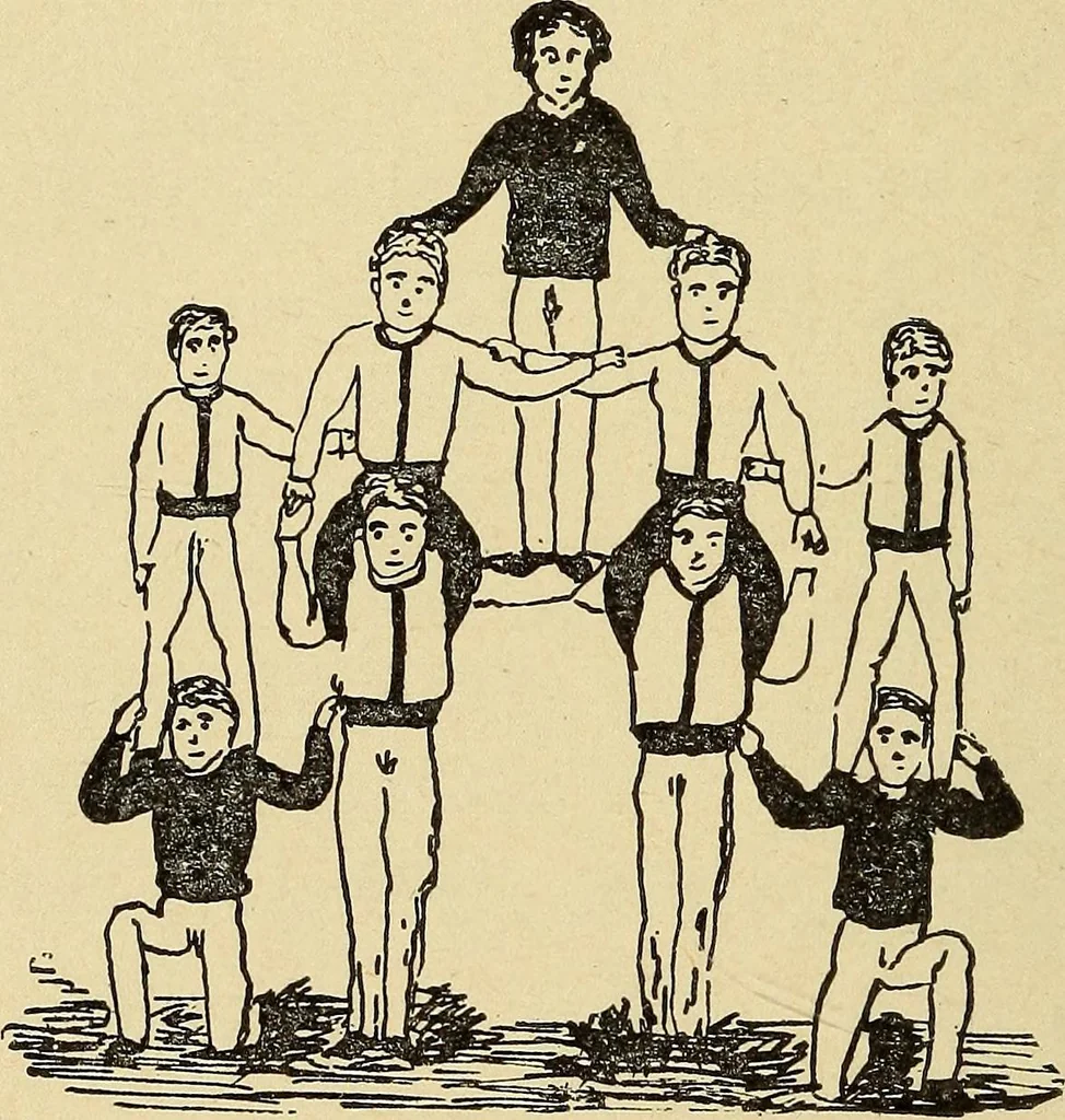 An illustration from How to, a book of tumbling, tricks, pyramids and games;, 1899, leaf 71