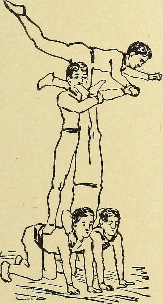 An illustration from How to, a book of tumbling, tricks, pyramids and games;, 1899, leaf 84
