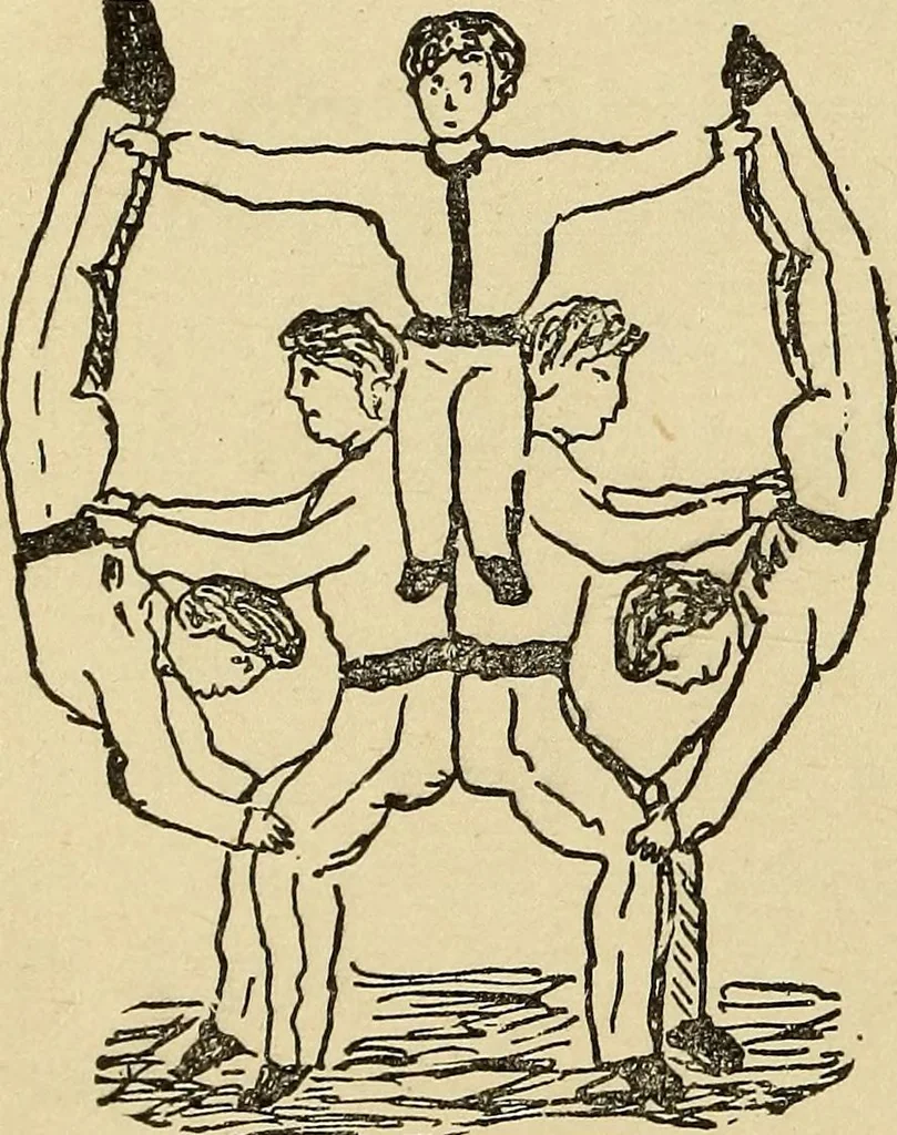 An illustration from How to, a book of tumbling, tricks, pyramids and games;, 1899, leaf 97