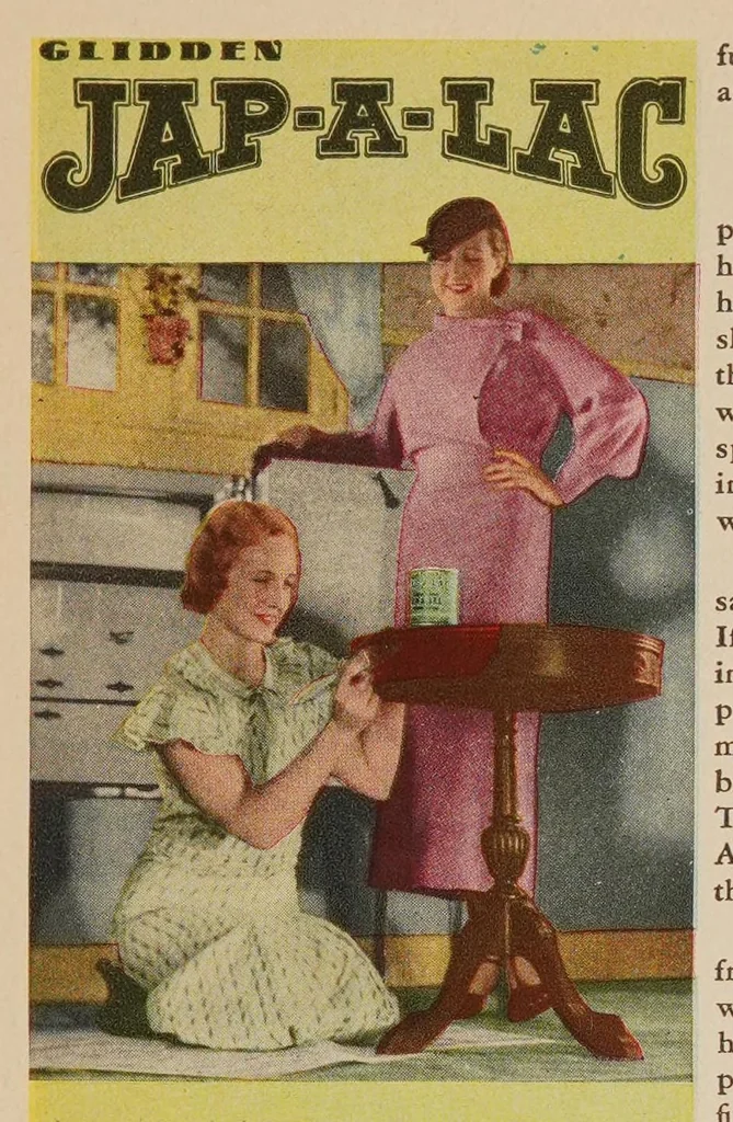 An illustration from How to paint : how to Jap-a-lac, how to varnish, how to have colorful furniture, walls, color schemes : the Glidden Company, 1930, leaf 3