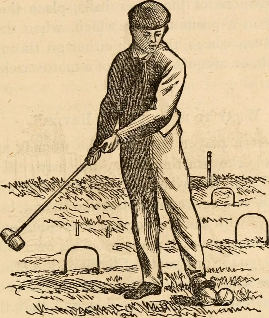 An illustration from How to play croquêt : a new pocket manual of complete instructions for American players, illustrated with engravings and diagrams, together with all the rules of the game, hints on parlor croquêt, and a glossary of terms., 1865, leaf 30