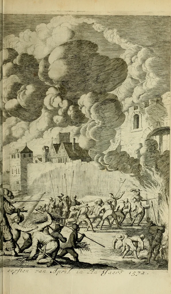 An illustration from Hugo de Groots Nederlandtsche jaerboeken en historien : sedert het jaer MDLV tot het jaer MDCIX : met De belegering der stadt Grol en den aenkleven des jaers MDCXXVII, als ook Het tractaet van de Batavische nu Hollandtsche Republyk, en De vrye zeevaert : met aenteeckeningen, voorts met het leven des schrijvers, twee volkomen registers, en veele koopere platen verciert, 1681, leaf 100