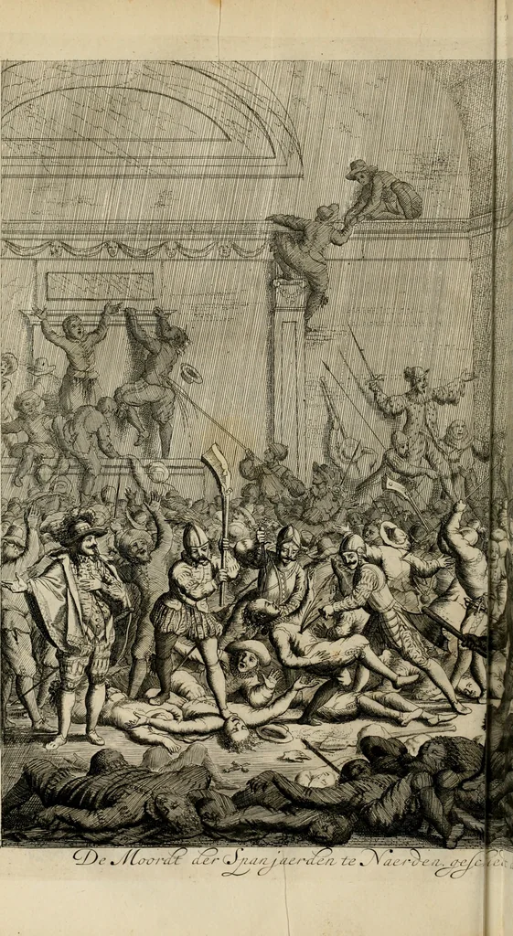 An illustration from Hugo de Groots Nederlandtsche jaerboeken en historien : sedert het jaer MDLV tot het jaer MDCIX : met De belegering der stadt Grol en den aenkleven des jaers MDCXXVII, als ook Het tractaet van de Batavische nu Hollandtsche Republyk, en De vrye zeevaert : met aenteeckeningen, voorts met het leven des schrijvers, twee volkomen registers, en veele koopere platen verciert, 1681, leaf 105