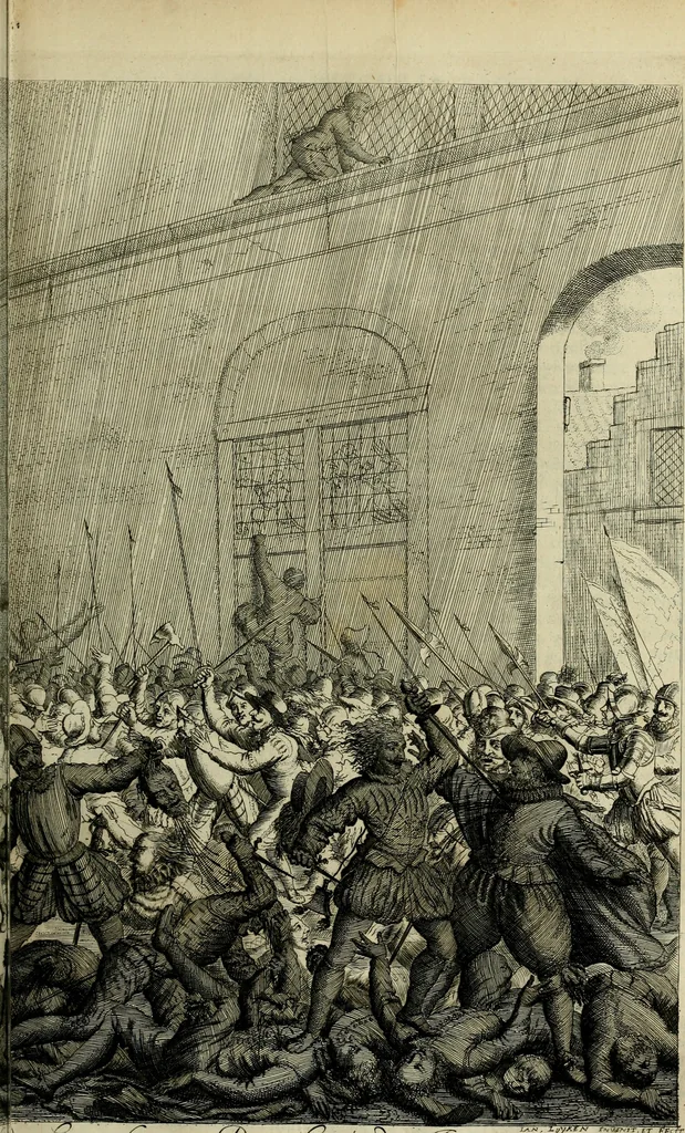 An illustration from Hugo de Groots Nederlandtsche jaerboeken en historien : sedert het jaer MDLV tot het jaer MDCIX : met De belegering der stadt Grol en den aenkleven des jaers MDCXXVII, als ook Het tractaet van de Batavische nu Hollandtsche Republyk, en De vrye zeevaert : met aenteeckeningen, voorts met het leven des schrijvers, twee volkomen registers, en veele koopere platen verciert, 1681, leaf 106