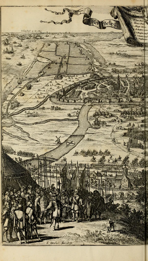 An illustration from Hugo de Groots Nederlandtsche jaerboeken en historien : sedert het jaer MDLV tot het jaer MDCIX : met De belegering der stadt Grol en den aenkleven des jaers MDCXXVII, als ook Het tractaet van de Batavische nu Hollandtsche Republyk, en De vrye zeevaert : met aenteeckeningen, voorts met het leven des schrijvers, twee volkomen registers, en veele koopere platen verciert, 1681, leaf 115