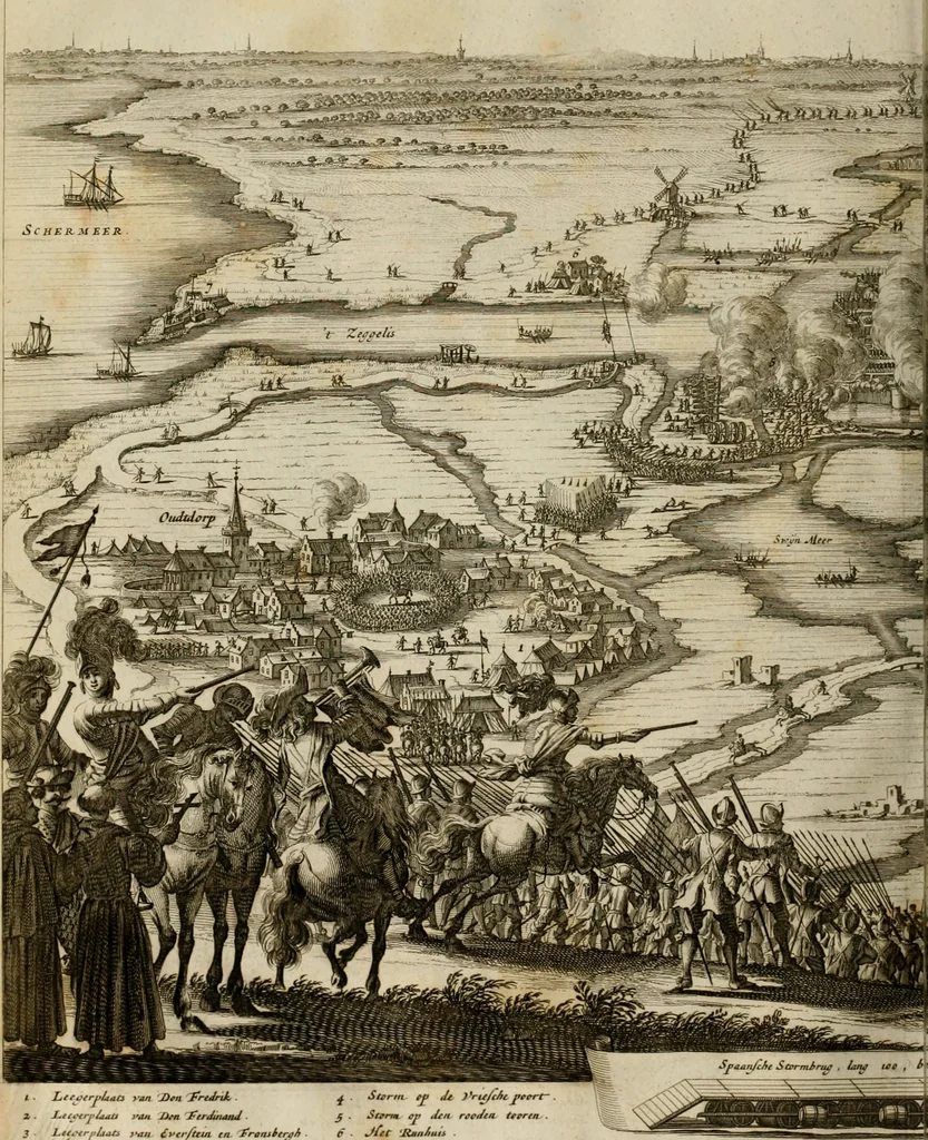 An illustration from Hugo de Groots Nederlandtsche jaerboeken en historien : sedert het jaer MDLV tot het jaer MDCIX : met De belegering der stadt Grol en den aenkleven des jaers MDCXXVII, als ook Het tractaet van de Batavische nu Hollandtsche Republyk, en De vrye zeevaert : met aenteeckeningen, voorts met het leven des schrijvers, twee volkomen registers, en veele koopere platen verciert, 1681, leaf 121
