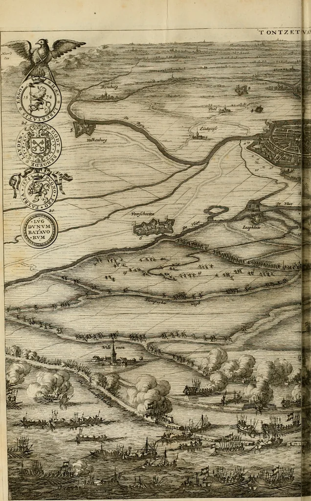 An illustration from Hugo de Groots Nederlandtsche jaerboeken en historien : sedert het jaer MDLV tot het jaer MDCIX : met De belegering der stadt Grol en den aenkleven des jaers MDCXXVII, als ook Het tractaet van de Batavische nu Hollandtsche Republyk, en De vrye zeevaert : met aenteeckeningen, voorts met het leven des schrijvers, twee volkomen registers, en veele koopere platen verciert, 1681, leaf 127