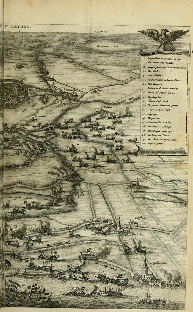 An illustration from Hugo de Groots Nederlandtsche jaerboeken en historien : sedert het jaer MDLV tot het jaer MDCIX : met De belegering der stadt Grol en den aenkleven des jaers MDCXXVII, als ook Het tractaet van de Batavische nu Hollandtsche Republyk, en De vrye zeevaert : met aenteeckeningen, voorts met het leven des schrijvers, twee volkomen registers, en veele koopere platen verciert, 1681, leaf 128