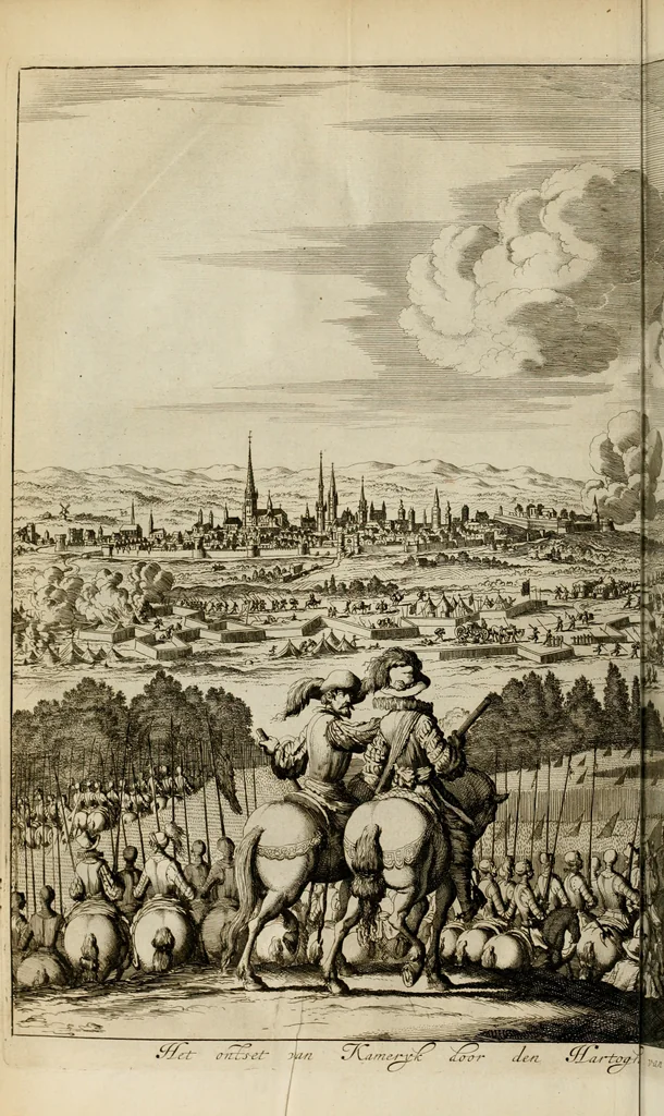 An illustration from Hugo de Groots Nederlandtsche jaerboeken en historien : sedert het jaer MDLV tot het jaer MDCIX : met De belegering der stadt Grol en den aenkleven des jaers MDCXXVII, als ook Het tractaet van de Batavische nu Hollandtsche Republyk, en De vrye zeevaert : met aenteeckeningen, voorts met het leven des schrijvers, twee volkomen registers, en veele koopere platen verciert, 1681, leaf 165