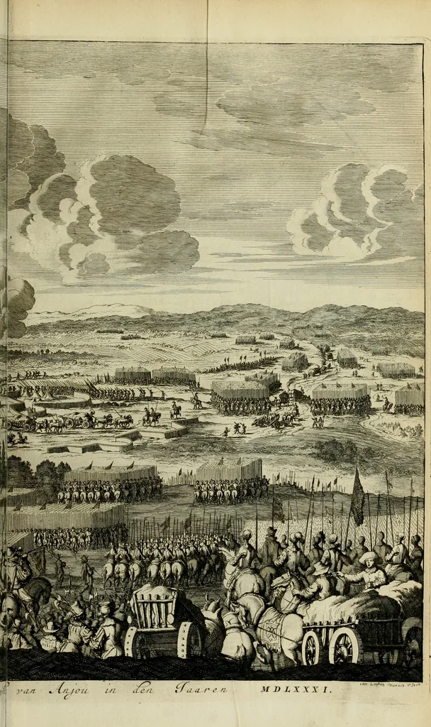 An illustration from Hugo de Groots Nederlandtsche jaerboeken en historien : sedert het jaer MDLV tot het jaer MDCIX : met De belegering der stadt Grol en den aenkleven des jaers MDCXXVII, als ook Het tractaet van de Batavische nu Hollandtsche Republyk, en De vrye zeevaert : met aenteeckeningen, voorts met het leven des schrijvers, twee volkomen registers, en veele koopere platen verciert, 1681, leaf 166