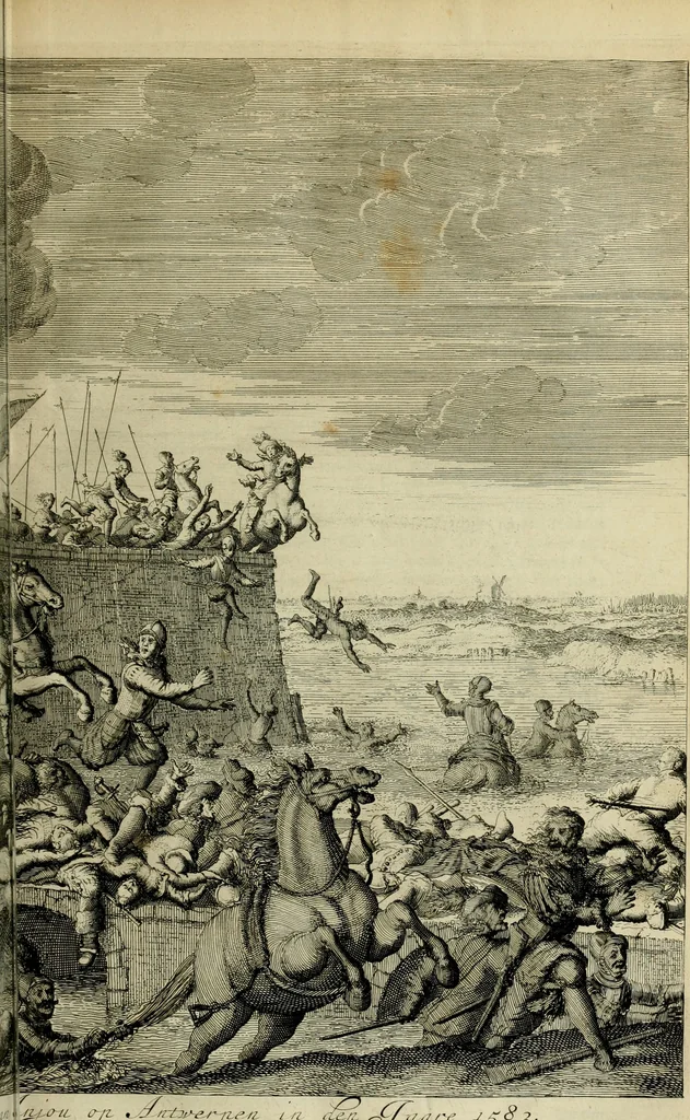 An illustration from Hugo de Groots Nederlandtsche jaerboeken en historien : sedert het jaer MDLV tot het jaer MDCIX : met De belegering der stadt Grol en den aenkleven des jaers MDCXXVII, als ook Het tractaet van de Batavische nu Hollandtsche Republyk, en De vrye zeevaert : met aenteeckeningen, voorts met het leven des schrijvers, twee volkomen registers, en veele koopere platen verciert, 1681, leaf 176