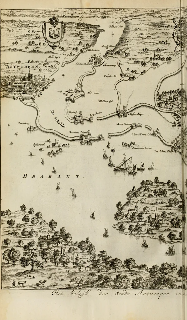 An illustration from Hugo de Groots Nederlandtsche jaerboeken en historien : sedert het jaer MDLV tot het jaer MDCIX : met De belegering der stadt Grol en den aenkleven des jaers MDCXXVII, als ook Het tractaet van de Batavische nu Hollandtsche Republyk, en De vrye zeevaert : met aenteeckeningen, voorts met het leven des schrijvers, twee volkomen registers, en veele koopere platen verciert, 1681, leaf 213