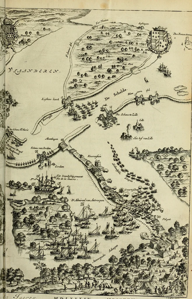 An illustration from Hugo de Groots Nederlandtsche jaerboeken en historien : sedert het jaer MDLV tot het jaer MDCIX : met De belegering der stadt Grol en den aenkleven des jaers MDCXXVII, als ook Het tractaet van de Batavische nu Hollandtsche Republyk, en De vrye zeevaert : met aenteeckeningen, voorts met het leven des schrijvers, twee volkomen registers, en veele koopere platen verciert, 1681, leaf 214