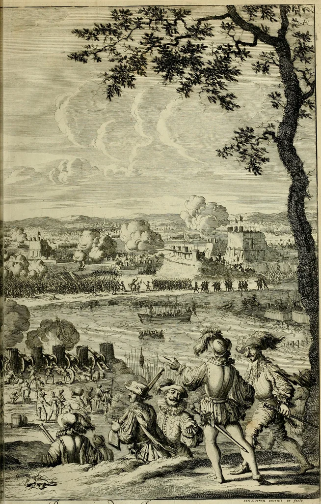 An illustration from Hugo de Groots Nederlandtsche jaerboeken en historien : sedert het jaer MDLV tot het jaer MDCIX : met De belegering der stadt Grol en den aenkleven des jaers MDCXXVII, als ook Het tractaet van de Batavische nu Hollandtsche Republyk, en De vrye zeevaert : met aenteeckeningen, voorts met het leven des schrijvers, twee volkomen registers, en veele koopere platen verciert, 1681, leaf 226