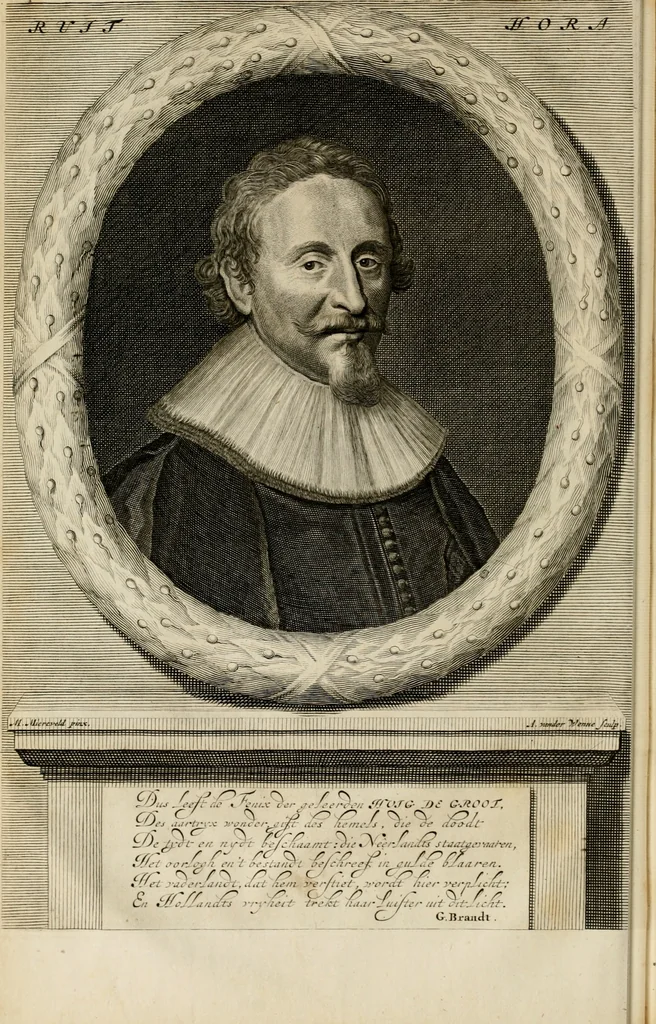 An illustration from Hugo de Groots Nederlandtsche jaerboeken en historien : sedert het jaer MDLV tot het jaer MDCIX : met De belegering der stadt Grol en den aenkleven des jaers MDCXXVII, als ook Het tractaet van de Batavische nu Hollandtsche Republyk, en De vrye zeevaert : met aenteeckeningen, voorts met het leven des schrijvers, twee volkomen registers, en veele koopere platen verciert, 1681, leaf 27
