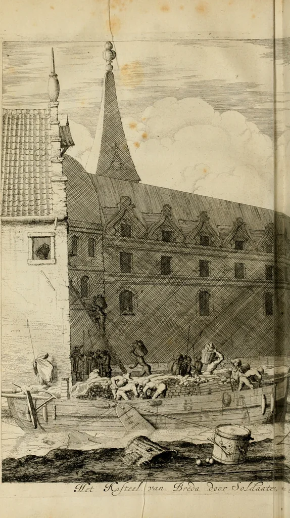 An illustration from Hugo de Groots Nederlandtsche jaerboeken en historien : sedert het jaer MDLV tot het jaer MDCIX : met De belegering der stadt Grol en den aenkleven des jaers MDCXXVII, als ook Het tractaet van de Batavische nu Hollandtsche Republyk, en De vrye zeevaert : met aenteeckeningen, voorts met het leven des schrijvers, twee volkomen registers, en veele koopere platen verciert, 1681, leaf 279