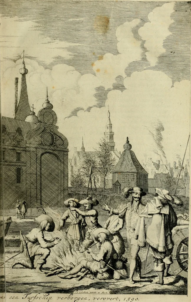 An illustration from Hugo de Groots Nederlandtsche jaerboeken en historien : sedert het jaer MDLV tot het jaer MDCIX : met De belegering der stadt Grol en den aenkleven des jaers MDCXXVII, als ook Het tractaet van de Batavische nu Hollandtsche Republyk, en De vrye zeevaert : met aenteeckeningen, voorts met het leven des schrijvers, twee volkomen registers, en veele koopere platen verciert, 1681, leaf 280