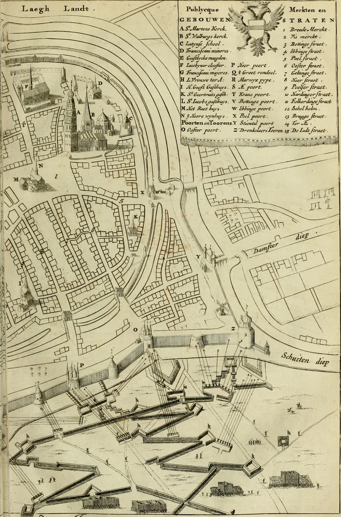 An illustration from Hugo de Groots Nederlandtsche jaerboeken en historien : sedert het jaer MDLV tot het jaer MDCIX : met De belegering der stadt Grol en den aenkleven des jaers MDCXXVII, als ook Het tractaet van de Batavische nu Hollandtsche Republyk, en De vrye zeevaert : met aenteeckeningen, voorts met het leven des schrijvers, twee volkomen registers, en veele koopere platen verciert, 1681, leaf 338