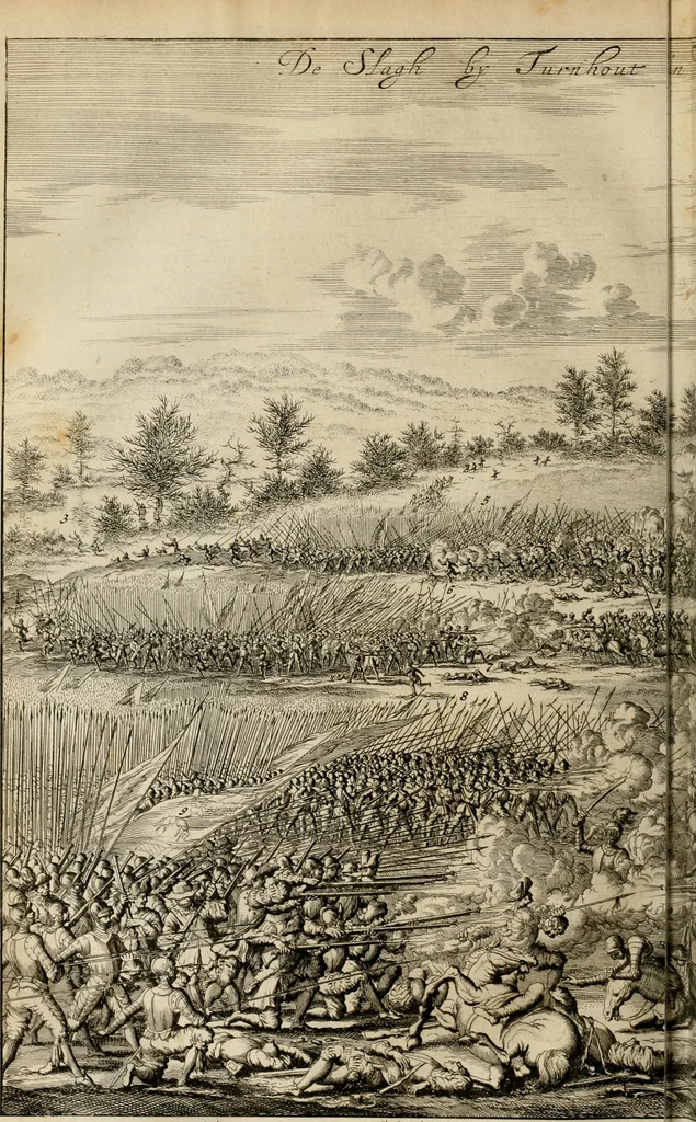 An illustration from Hugo de Groots Nederlandtsche jaerboeken en historien : sedert het jaer MDLV tot het jaer MDCIX : met De belegering der stadt Grol en den aenkleven des jaers MDCXXVII, als ook Het tractaet van de Batavische nu Hollandtsche Republyk, en De vrye zeevaert : met aenteeckeningen, voorts met het leven des schrijvers, twee volkomen registers, en veele koopere platen verciert, 1681, leaf 437