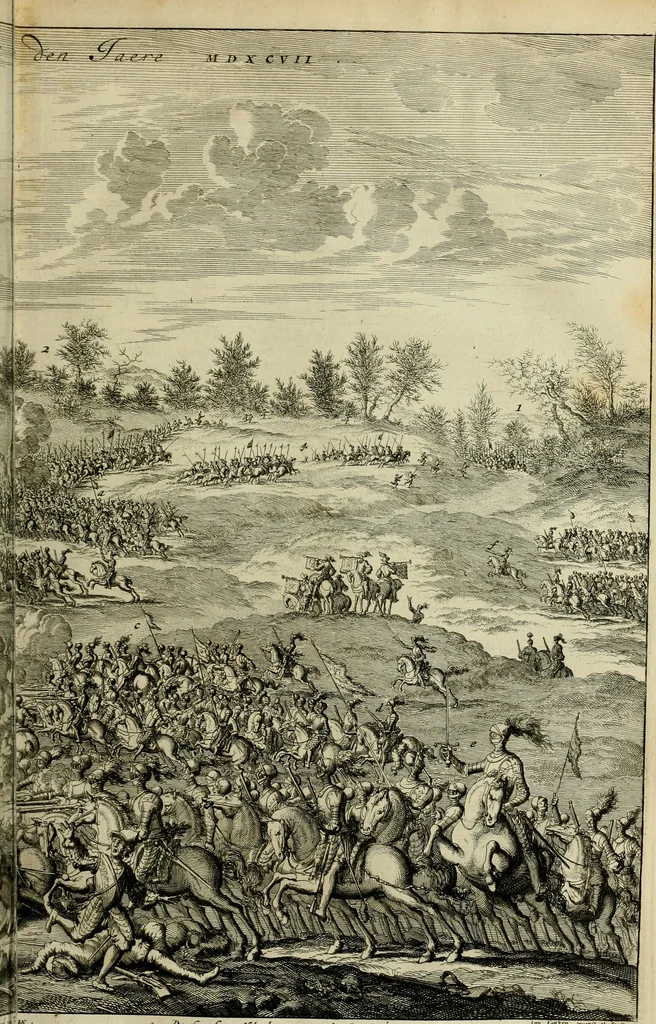An illustration from Hugo de Groots Nederlandtsche jaerboeken en historien : sedert het jaer MDLV tot het jaer MDCIX : met De belegering der stadt Grol en den aenkleven des jaers MDCXXVII, als ook Het tractaet van de Batavische nu Hollandtsche Republyk, en De vrye zeevaert : met aenteeckeningen, voorts met het leven des schrijvers, twee volkomen registers, en veele koopere platen verciert, 1681, leaf 438