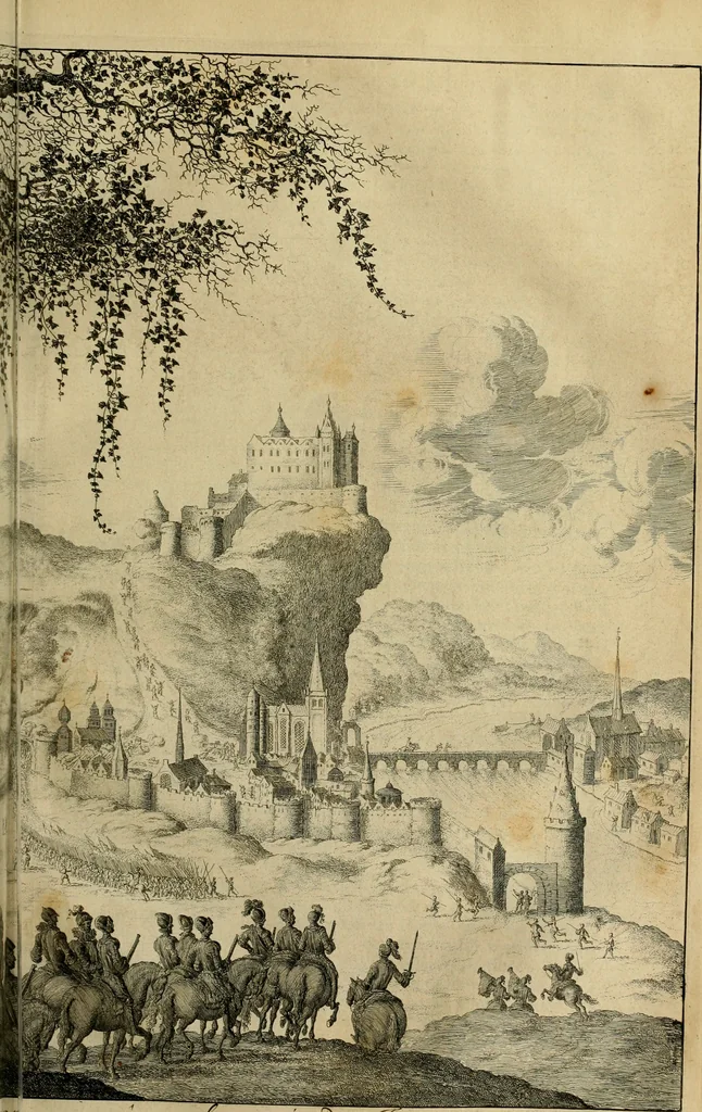 An illustration from Hugo de Groots Nederlandtsche jaerboeken en historien : sedert het jaer MDLV tot het jaer MDCIX : met De belegering der stadt Grol en den aenkleven des jaers MDCXXVII, als ook Het tractaet van de Batavische nu Hollandtsche Republyk, en De vrye zeevaert : met aenteeckeningen, voorts met het leven des schrijvers, twee volkomen registers, en veele koopere platen verciert, 1681, leaf 468