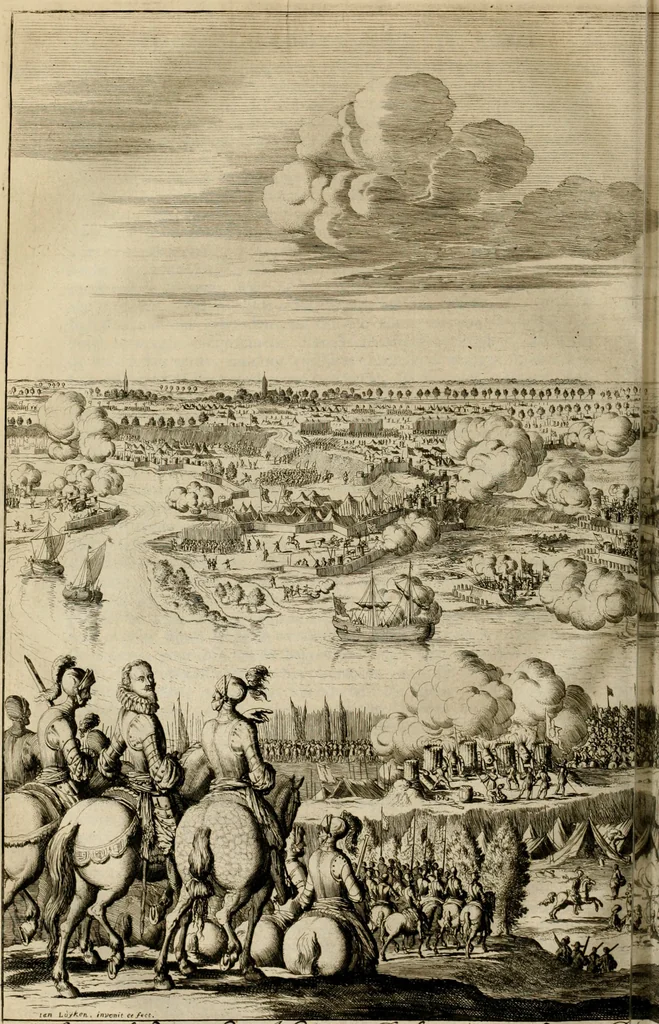 An illustration from Hugo de Groots Nederlandtsche jaerboeken en historien : sedert het jaer MDLV tot het jaer MDCIX : met De belegering der stadt Grol en den aenkleven des jaers MDCXXVII, als ook Het tractaet van de Batavische nu Hollandtsche Republyk, en De vrye zeevaert : met aenteeckeningen, voorts met het leven des schrijvers, twee volkomen registers, en veele koopere platen verciert, 1681, leaf 541
