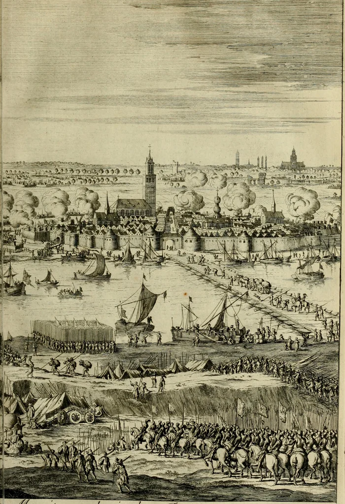 An illustration from Hugo de Groots Nederlandtsche jaerboeken en historien : sedert het jaer MDLV tot het jaer MDCIX : met De belegering der stadt Grol en den aenkleven des jaers MDCXXVII, als ook Het tractaet van de Batavische nu Hollandtsche Republyk, en De vrye zeevaert : met aenteeckeningen, voorts met het leven des schrijvers, twee volkomen registers, en veele koopere platen verciert, 1681, leaf 542