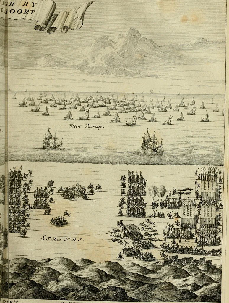 An illustration from Hugo de Groots Nederlandtsche jaerboeken en historien : sedert het jaer MDLV tot het jaer MDCIX : met De belegering der stadt Grol en den aenkleven des jaers MDCXXVII, als ook Het tractaet van de Batavische nu Hollandtsche Republyk, en De vrye zeevaert : met aenteeckeningen, voorts met het leven des schrijvers, twee volkomen registers, en veele koopere platen verciert, 1681, leaf 582