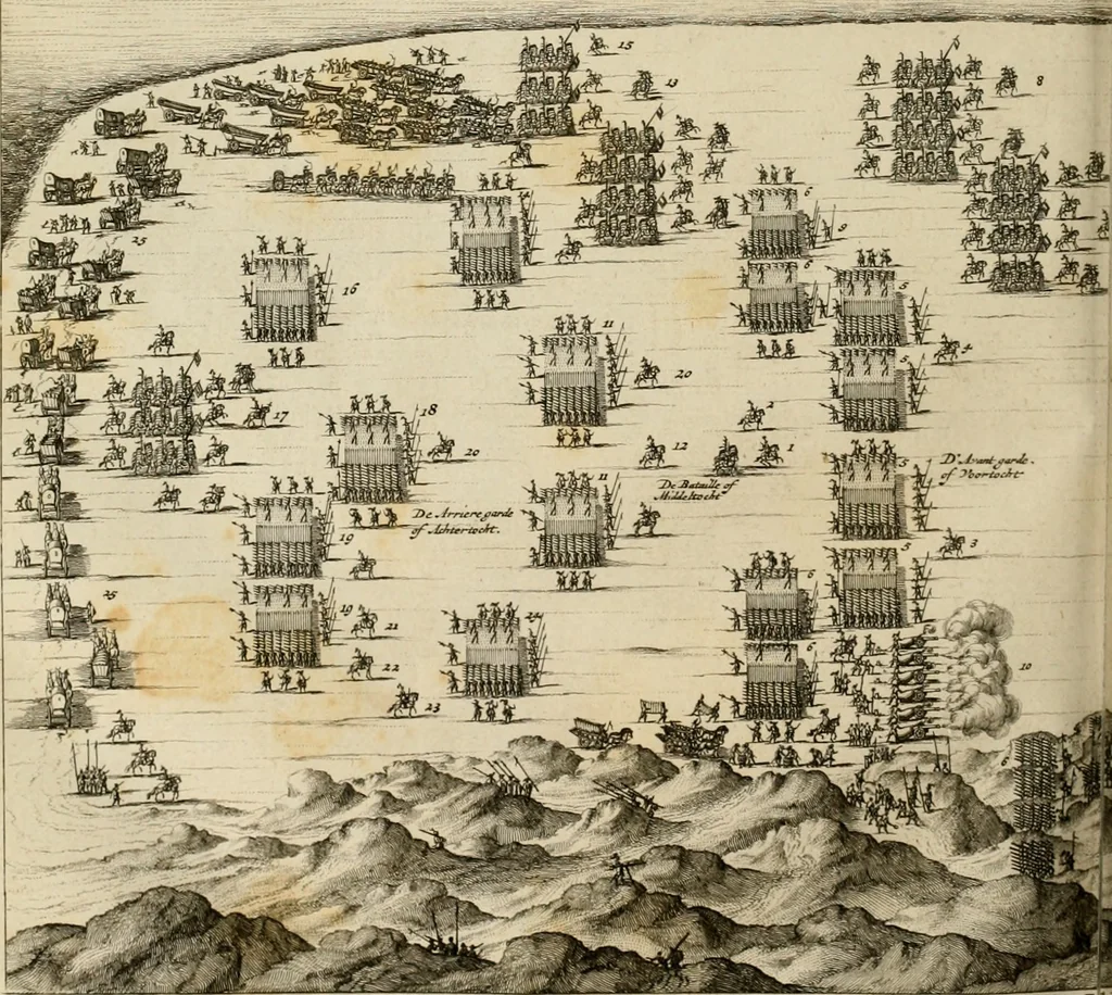 An illustration from Hugo de Groots Nederlandtsche jaerboeken en historien : sedert het jaer MDLV tot het jaer MDCIX : met De belegering der stadt Grol en den aenkleven des jaers MDCXXVII, als ook Het tractaet van de Batavische nu Hollandtsche Republyk, en De vrye zeevaert : met aenteeckeningen, voorts met het leven des schrijvers, twee volkomen registers, en veele koopere platen verciert, 1681, leaf 585