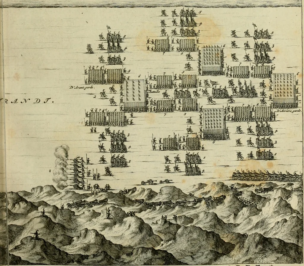 An illustration from Hugo de Groots Nederlandtsche jaerboeken en historien : sedert het jaer MDLV tot het jaer MDCIX : met De belegering der stadt Grol en den aenkleven des jaers MDCXXVII, als ook Het tractaet van de Batavische nu Hollandtsche Republyk, en De vrye zeevaert : met aenteeckeningen, voorts met het leven des schrijvers, twee volkomen registers, en veele koopere platen verciert, 1681, leaf 586