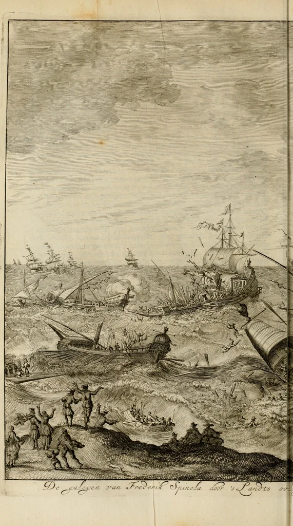 An illustration from Hugo de Groots Nederlandtsche jaerboeken en historien : sedert het jaer MDLV tot het jaer MDCIX : met De belegering der stadt Grol en den aenkleven des jaers MDCXXVII, als ook Het tractaet van de Batavische nu Hollandtsche Republyk, en De vrye zeevaert : met aenteeckeningen, voorts met het leven des schrijvers, twee volkomen registers, en veele koopere platen verciert, 1681, leaf 621