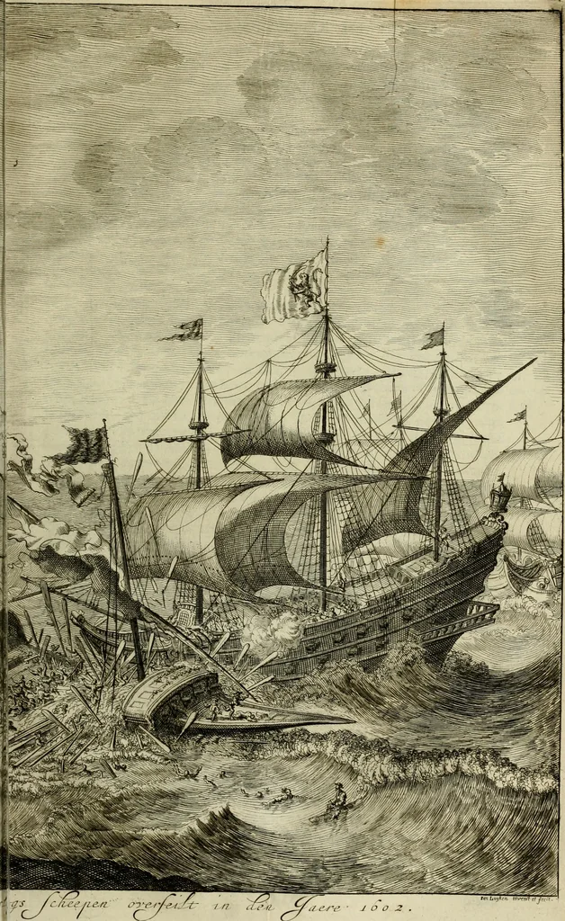 An illustration from Hugo de Groots Nederlandtsche jaerboeken en historien : sedert het jaer MDLV tot het jaer MDCIX : met De belegering der stadt Grol en den aenkleven des jaers MDCXXVII, als ook Het tractaet van de Batavische nu Hollandtsche Republyk, en De vrye zeevaert : met aenteeckeningen, voorts met het leven des schrijvers, twee volkomen registers, en veele koopere platen verciert, 1681, leaf 622