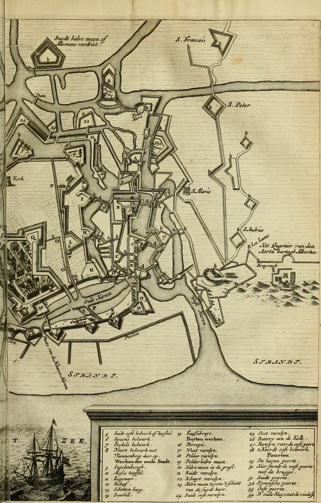 An illustration from Hugo de Groots Nederlandtsche jaerboeken en historien : sedert het jaer MDLV tot het jaer MDCIX : met De belegering der stadt Grol en den aenkleven des jaers MDCXXVII, als ook Het tractaet van de Batavische nu Hollandtsche Republyk, en De vrye zeevaert : met aenteeckeningen, voorts met het leven des schrijvers, twee volkomen registers, en veele koopere platen verciert, 1681, leaf 652
