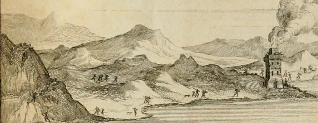 An illustration from Hugo de Groots Nederlandtsche jaerboeken en historien : sedert het jaer MDLV tot het jaer MDCIX : met De belegering der stadt Grol en den aenkleven des jaers MDCXXVII, als ook Het tractaet van de Batavische nu Hollandtsche Republyk, en De vrye zeevaert : met aenteeckeningen, voorts met het leven des schrijvers, twee volkomen registers, en veele koopere platen verciert, 1681, leaf 719