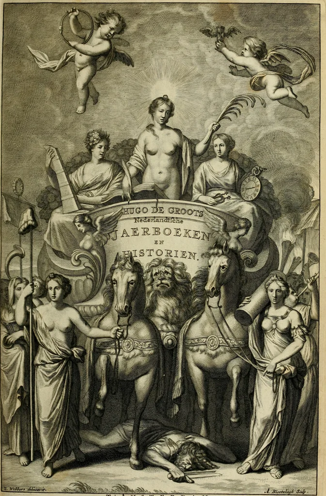 An illustration from Hugo de Groots Nederlandtsche jaerboeken en historien : sedert het jaer MDLV tot het jaer MDCIX : met De belegering der stadt Grol en den aenkleven des jaers MDCXXVII, als ook Het tractaet van de Batavische nu Hollandtsche Republyk, en De vrye zeevaert : met aenteeckeningen, voorts met het leven des schrijvers, twee volkomen registers, en veele koopere platen verciert, 1681, leaf 8