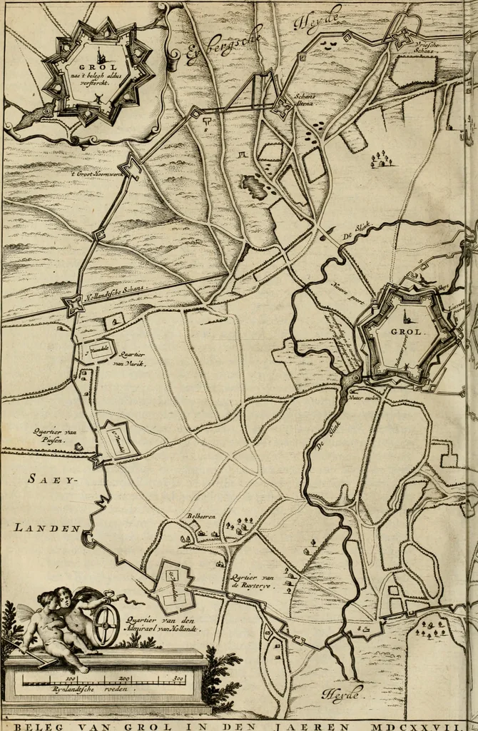 An illustration from Hugo de Groots Nederlandtsche jaerboeken en historien : sedert het jaer MDLV tot het jaer MDCIX : met De belegering der stadt Grol en den aenkleven des jaers MDCXXVII, als ook Het tractaet van de Batavische nu Hollandtsche Republyk, en De vrye zeevaert : met aenteeckeningen, voorts met het leven des schrijvers, twee volkomen registers, en veele koopere platen verciert, 1681, leaf 863