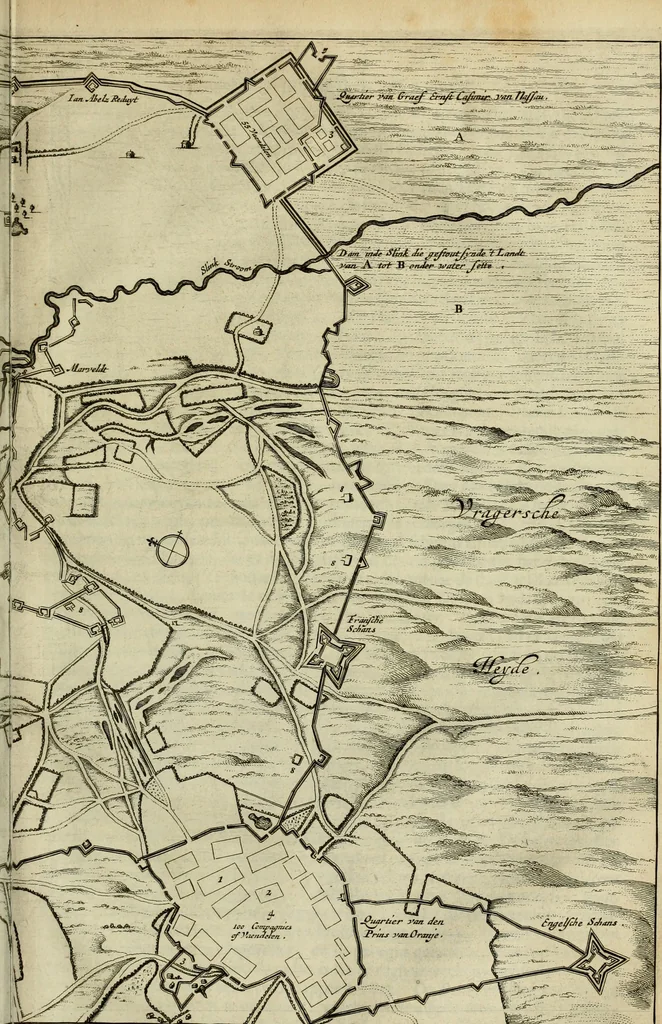 An illustration from Hugo de Groots Nederlandtsche jaerboeken en historien : sedert het jaer MDLV tot het jaer MDCIX : met De belegering der stadt Grol en den aenkleven des jaers MDCXXVII, als ook Het tractaet van de Batavische nu Hollandtsche Republyk, en De vrye zeevaert : met aenteeckeningen, voorts met het leven des schrijvers, twee volkomen registers, en veele koopere platen verciert, 1681, leaf 864