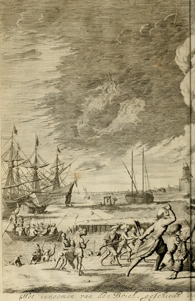 An illustration from Hugo de Groots Nederlandtsche jaerboeken en historien : sedert het jaer MDLV tot het jaer MDCIX : met De belegering der stadt Grol en den aenkleven des jaers MDCXXVII, als ook Het tractaet van de Batavische nu Hollandtsche Republyk, en De vrye zeevaert : met aenteeckeningen, voorts met het leven des schrijvers, twee volkomen registers, en veele koopere platen verciert, 1681, leaf 99